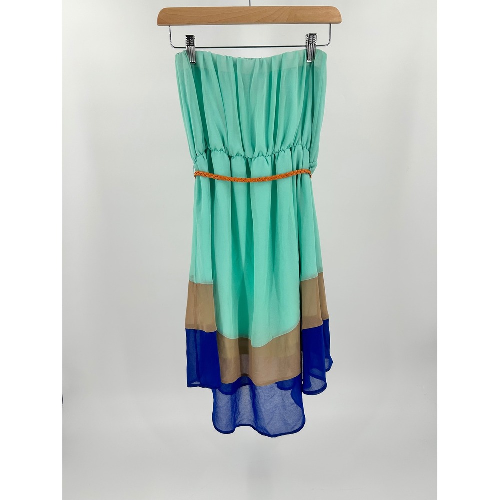 Cowgirl Up Women Mint Blue Colorblock Strapless High Low Belted Dress CG60410 M